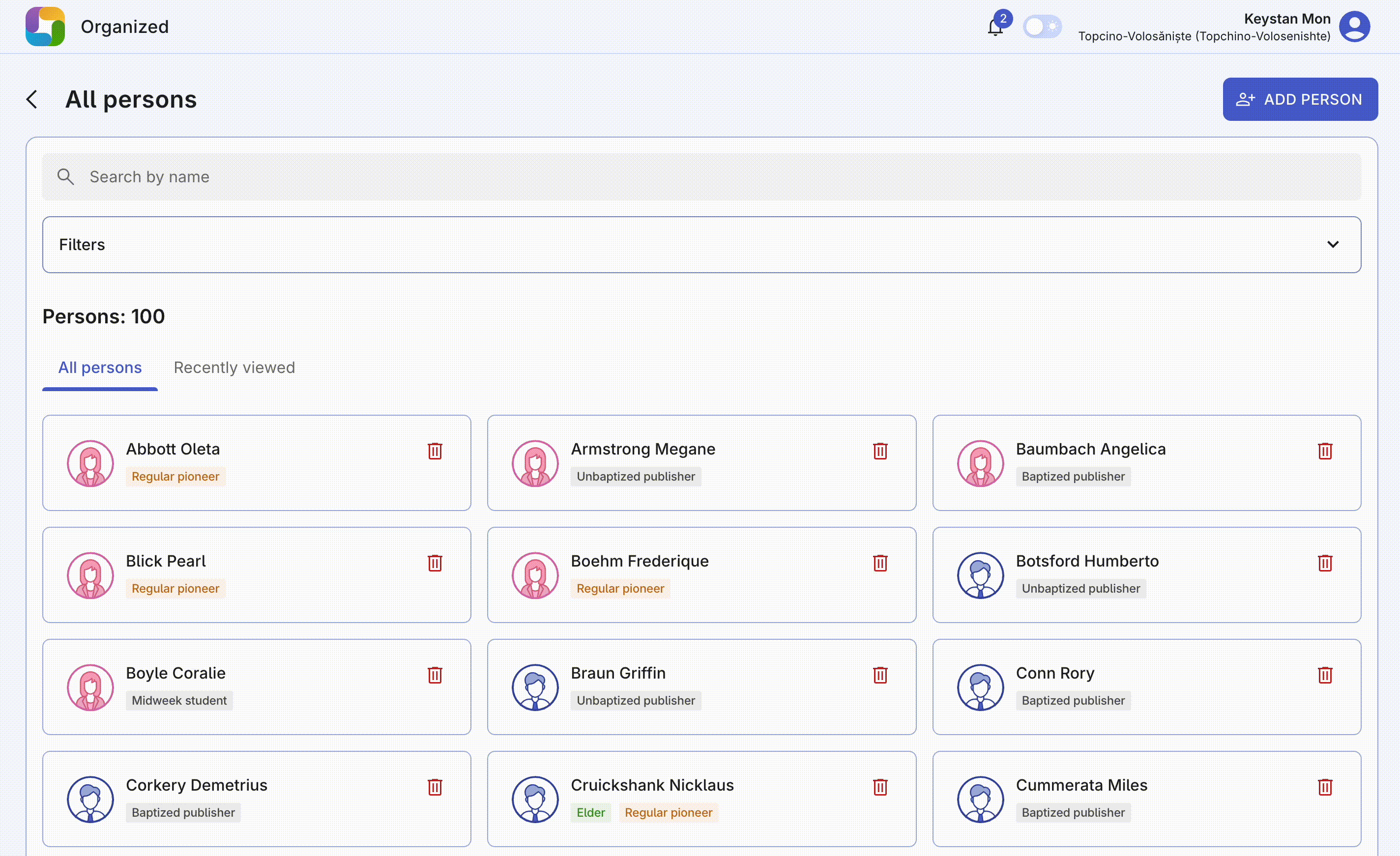 Open Organized person filters
